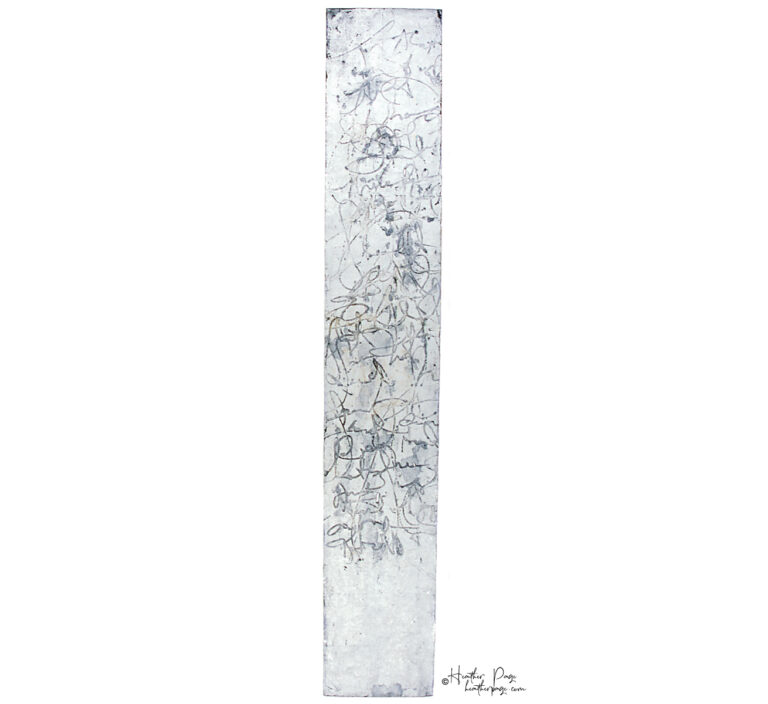 Courante by Heather Page, a 60” by 11” mixed-media artwork on aluminum-gilded paper of looping calligraphic text on a light silver ground