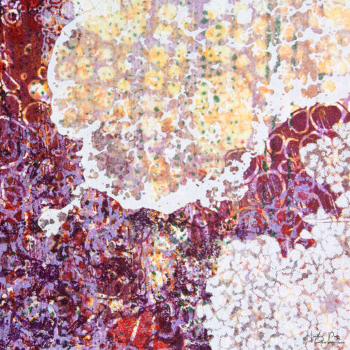 Detail of La Crépuscule by Heather Page, a 6.25 inch square abstract silkscreen and relief monoprint in purples & reds bordered by lacy white cloud shapes