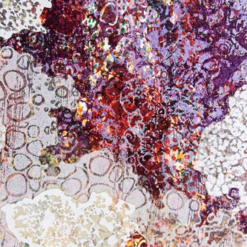 Detail of La Crépuscule by Heather Page, a 6.25 inch square abstract silkscreen and relief monoprint in purples & reds bordered by lacy white cloud shapes