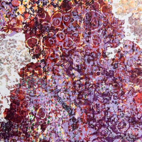 Detail of La Crépuscule by Heather Page, a 6.25 inch square abstract silkscreen and relief monoprint in purples & reds bordered by lacy white cloud shapes