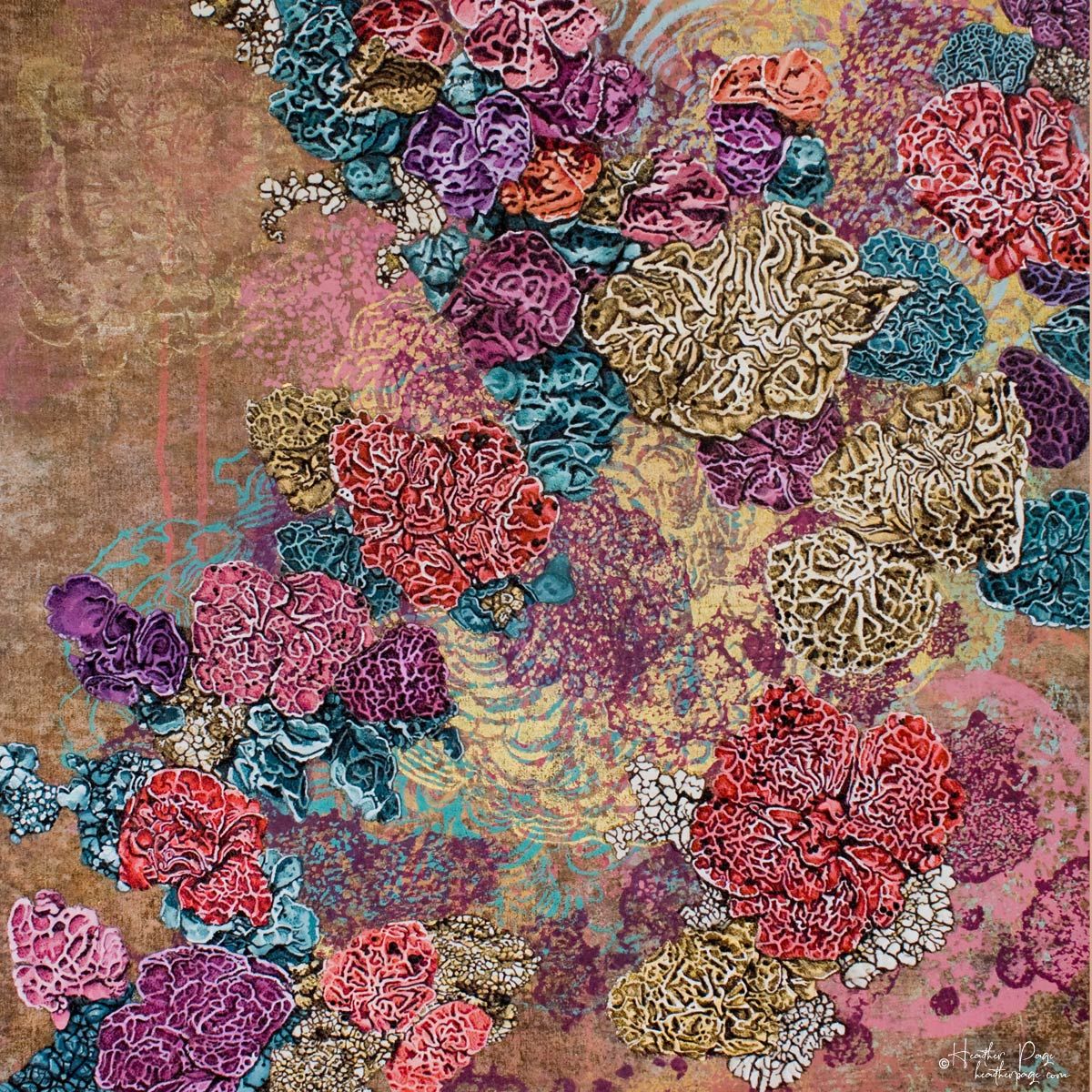 L'Éclaircie by Heather Page is a 20” by 15” by 2” abstract artwork on panel of brightly-colored woodburned, painted, & silkscreened lichens on a copper ground