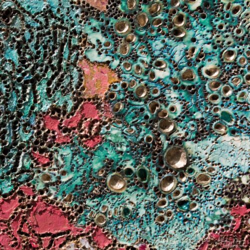 Detail of L'Électrisation du Nuage by Heather Page, an 11 13/16” square mixed media artwork of woodburned & silkscreened lichens in blue & red on a gold ground