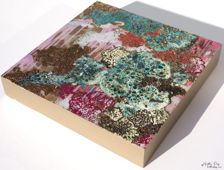 L'Électrisation du Nuage by Heather Page is an 11 13/16” square mixed media artwork of woodburned & silkscreened lichens in blues & reds on a gold background