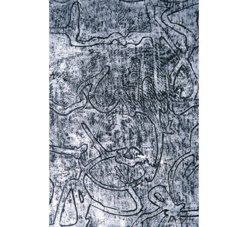 Detail of Gavotte by Heather Page, a 60” by 11” encaustic artwork on aluminum-gilded paper of looping, black waxy calligraphic text on a silver ground