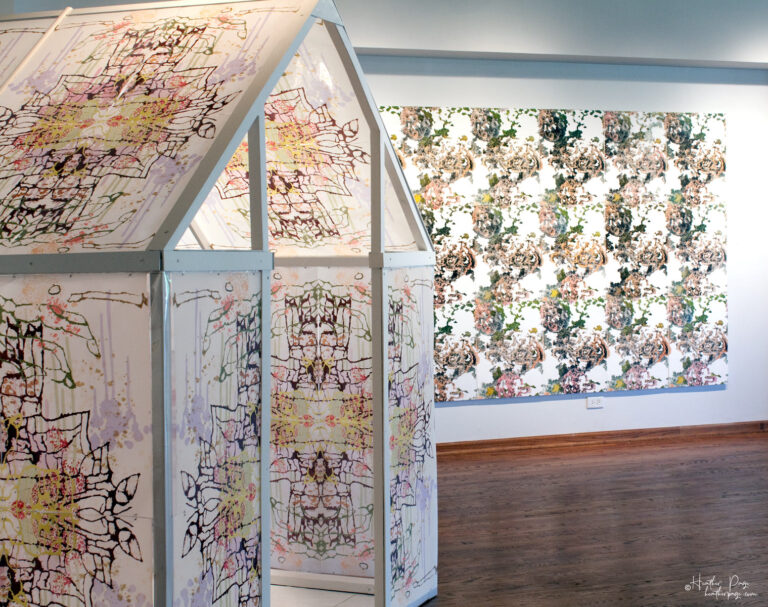 High Peeks Installation by Heather Page is an art installation of twenty-four 24” by 18” prints on panel of spiraling Adirondack lichens in peach, pink, & green