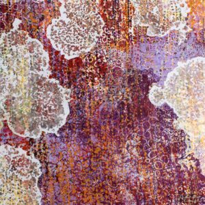 La Lueur by Heather Page, a 6.25 inch square abstract silkscreen and relief monoprint in reds, purples, & golds with a border of lacy white cloud shapes