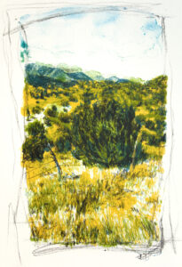 Madrid by Heather Page is an 11" by 15" lithograph on paper of juniper bushes in front of a mountain range