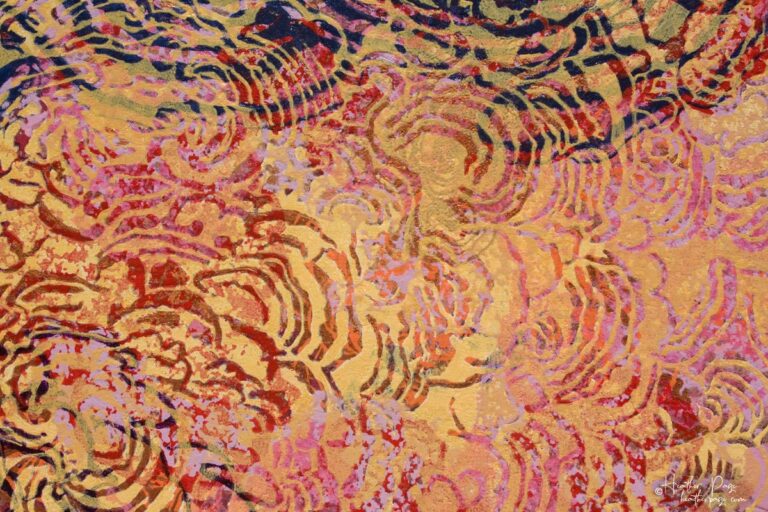 Detail of Après l'orage by Heather Page, a 19 3/4” by 19 5/8” by 2” painting, silkscreen & relief print on a coppery panel of fluffy sunset-hued clouds of fungi