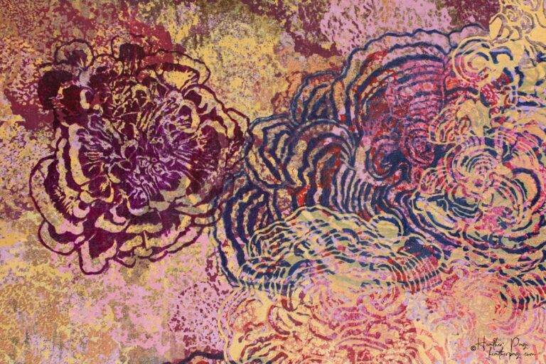 Detail of Après l'orage by Heather Page, a 19 3/4” by 19 5/8” by 2” painting, silkscreen & relief print on a coppery panel of fluffy sunset-hued clouds of fungi