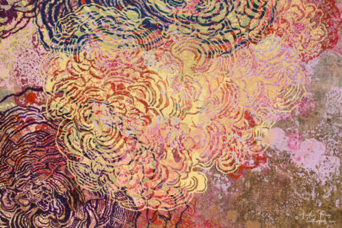 Detail of Après l'orage by Heather Page, a 19 3/4” by 19 5/8” by 2” painting, silkscreen & relief print on panel of fluffy sunset-hued clouds of fungi on a copper ground
