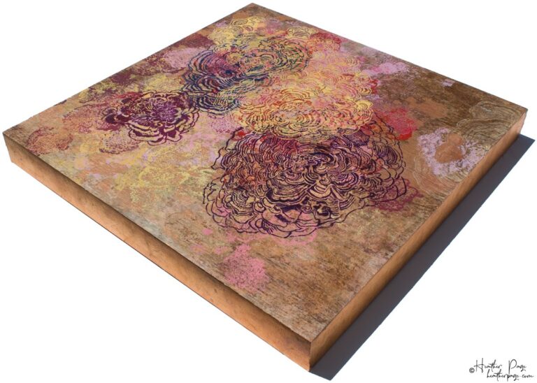 Après l'orage by Heather Page, a 19 3/4” by 19 5/8” by 2” painting, silkscreen & relief print on panel of fluffy sunset-hued clouds of fungi on a copper ground