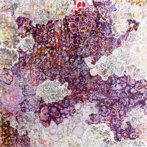 Le Pétillement by Heather Page, a 6.25 inch square abstract silkscreen and relief monoprint in red & purple tones rimmed in lacy white cloud shapes