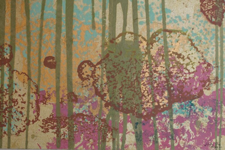 Detail of La Pluie Fantôme by Heather Page, a 12” by 20.5” by 2” silkscreen print on panel of an abstract sun above a line of clouds dripping over lichens