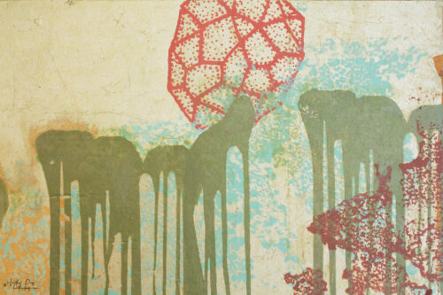 Detail of La Pluie Fantôme by Heather Page, a 12” by 20.5” by 2” silkscreen print on panel of an abstract sun above a line of clouds dripping over lichens