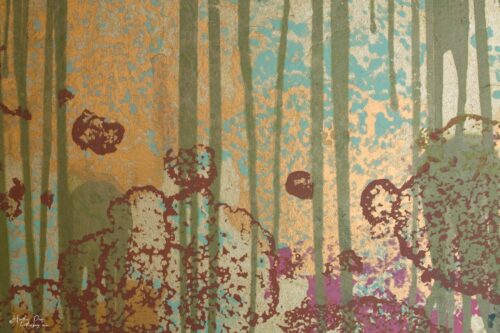 Detail of La Pluie Fantôme by Heather Page, a 12” by 20.5” by 2” silkscreen print on panel of an abstract sun above a line of clouds dripping over lichens