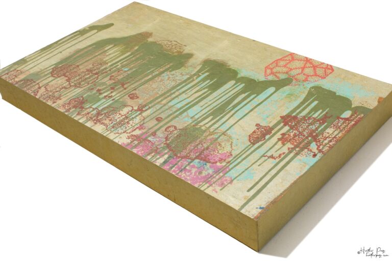 La Pluie Fantôme by Heather Page is a 12” by 20.5” by 2” silkscreen print on panel of an abstract sun above a line of clouds dripping over masses of lichens