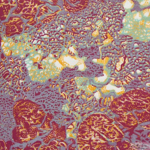 Detail of Queen’s Lace III by Heather Page, a 15” square relief print on paper of a swirl of intricate lace-like lichens & fossils in icy reds, violets, & golds