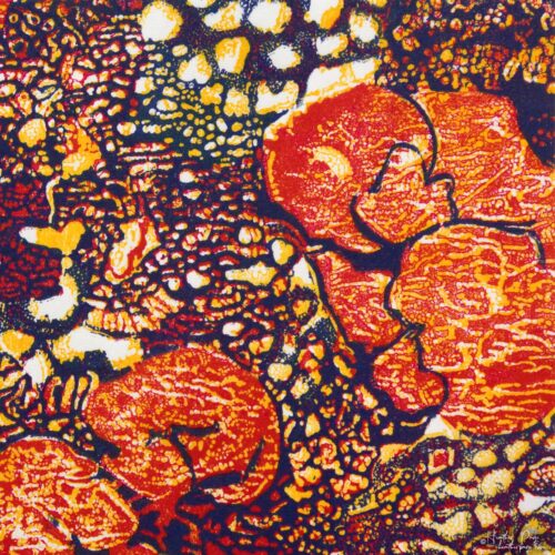 Detail of Queen's Lace VIII by Heather Page, a 15 inch square relief print of a swirl of intricate lace-like lichens & fossils in red, blue, & yellow