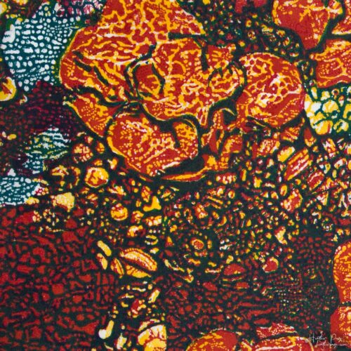 Detail of Queen's Lace XI by Heather Page, a 15 inch square relief print of a swirl of intricate lace-like lichens & fossils in red-orange, blue, & yellow