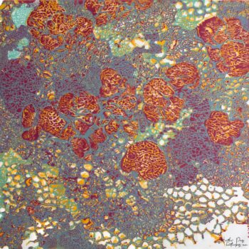 Queen's Lace XII by Heather Page, a 15 inch square relief print of a swirl of intricate lace-like lichens & fossils in red, cyan, & yellow