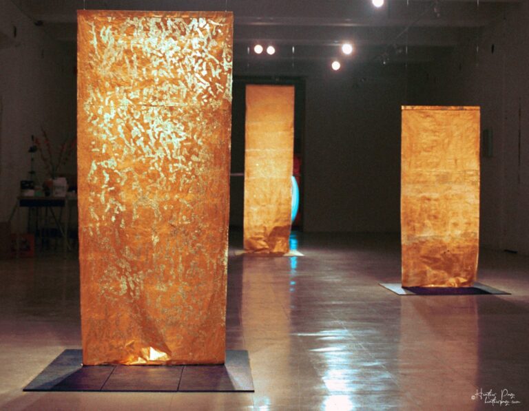 Reverb I by Heather Page, an art installation of large-scale copper-gilded prints on paper suspended from the ceiling of glyphs and patterns found in nature