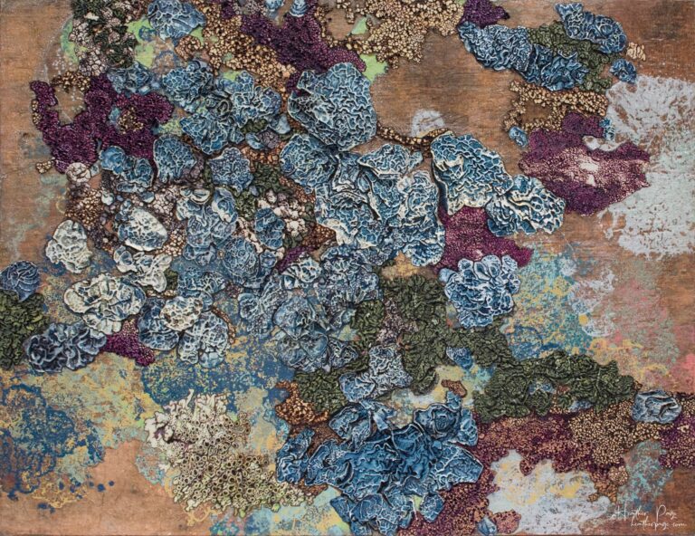 La Tempête by Heather Page is a 20” by 26” by 2” silkscreen, painting, woodburning, and collage on panel of a cluster of blue lichens on a copper background
