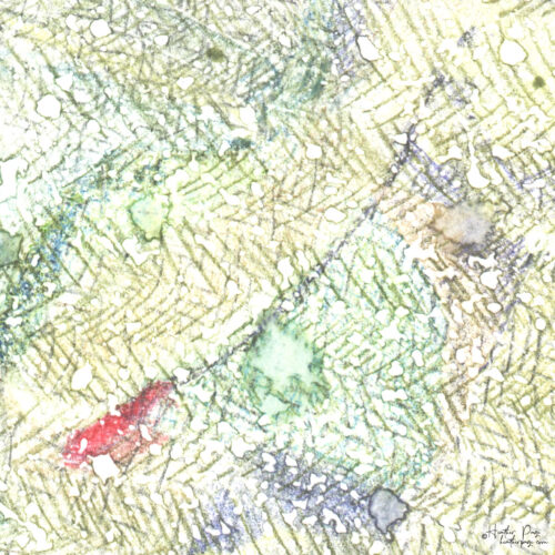 Detail of I / Twelve by Heather Page, a 10.5” by 9.5” monotype on paper of an irregular herringbone-patterned square, with a slice of blue-gray across the top