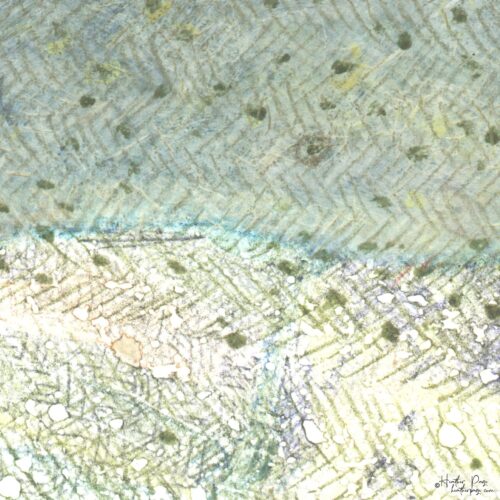 Detail of I / Twelve by Heather Page, a 10.5” by 9.5” monotype on paper of an irregular herringbone-patterned square, with a slice of blue-gray across the top