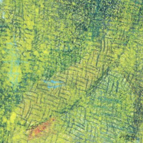 Detail of III / Twelve by Heather Page, a 10” by 9.25” abstract monotype on paper of an irregular square in green hues with a section in blue across the top