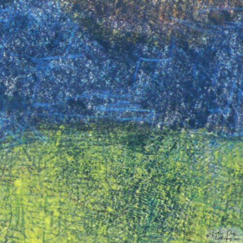 Detail of III / Twelve by Heather Page, a 10” by 9.25” abstract monotype on paper of an irregular square in green hues with a section in blue across the top