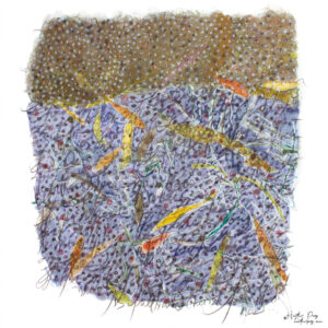 XII / Twelve by Heather Page is an 11 5/8” x 11” monotype on paper of a speckled purple wash overlaying leaves in yellows & oranges, capped in a section in gold