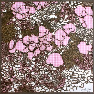 Women's Work by Heather Page is a 15 inch square relief and silkscreen print on pink gingham of an intricate looping lacework of lichens and fossils