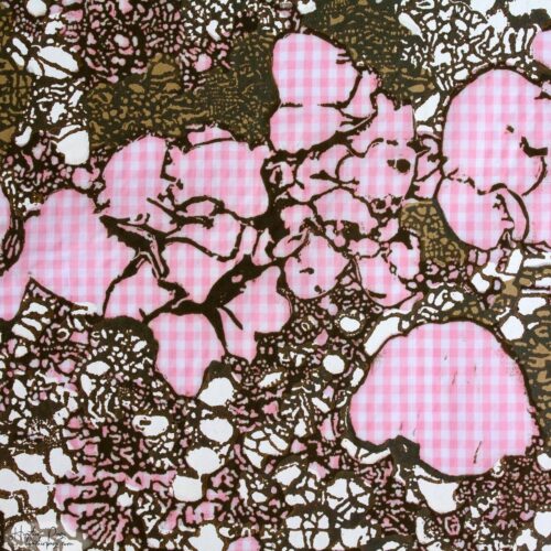 Detail of Women's Work by Heather Page, a 15 inch square relief and silkscreen print on pink gingham of an intricate looping lacework of lichens and fossils