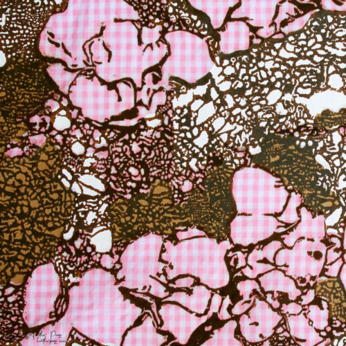 Detail of Women's Work by Heather Page, a 15 inch square relief and silkscreen print on pink gingham of an intricate looping lacework of lichens and fossils