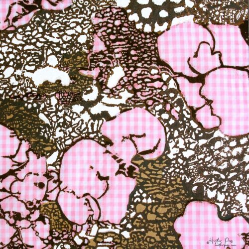 Detail of Women's Work by Heather Page, a 15 inch square relief and silkscreen print on pink gingham of an intricate looping lacework of lichens and fossils
