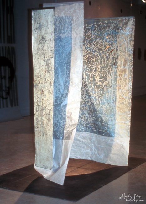 Reverb II by Heather Page, an art installation of large-scale prints on paper suspended from the ceiling of calligraphy, glyphs, and patterns found in nature