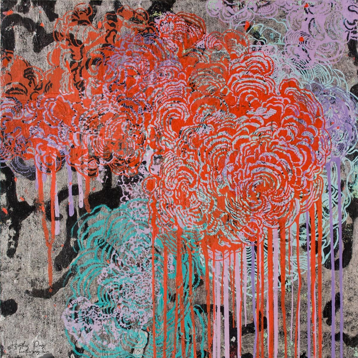 L’Averse by Heather Page, a 21 1/4” by 14 3/4” by 2” abstract painting, silkscreen, & encaustic work of red, purple, & blue clouds raining over a silver ground