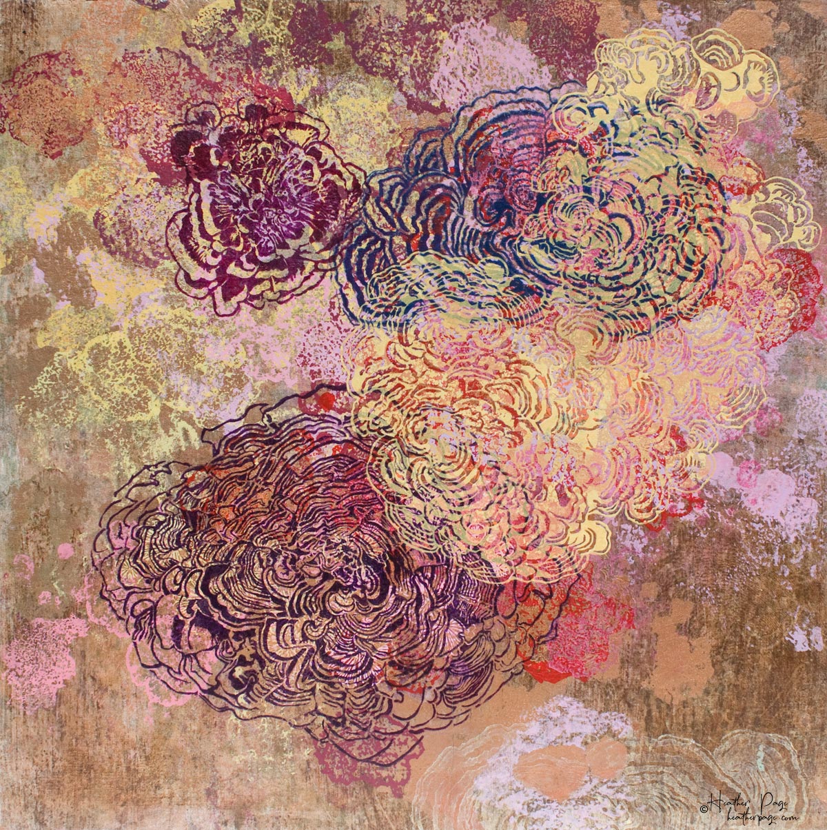 Après l'orage by Heather Page, a 19 3/4” by 19 5/8” by 2” painting, silkscreen & relief print on panel of fluffy sunset-hued clouds of fungi on a copper ground